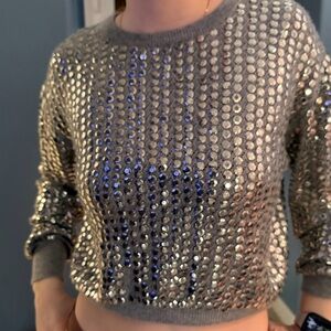 Magaschoni Embellished Gray Sequin Crewneck Sweater Cashmere wool small